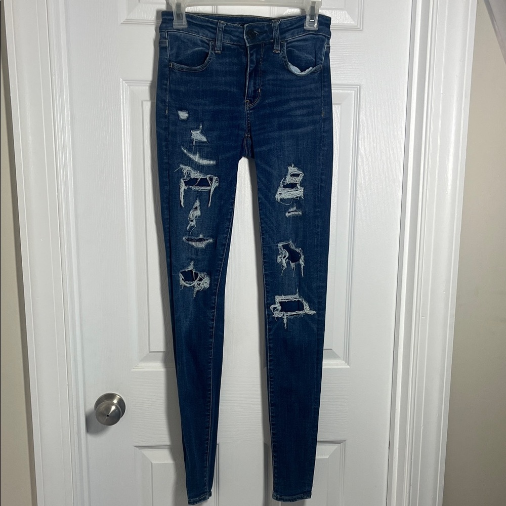 Distressed Dark Blue American Eagle Women's Jeans size 2 extra long